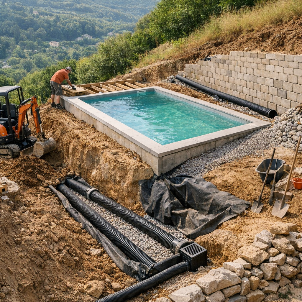 Que prévoir pour installer une piscine en pente&nbsp;: terrassement, soutènement, drainage