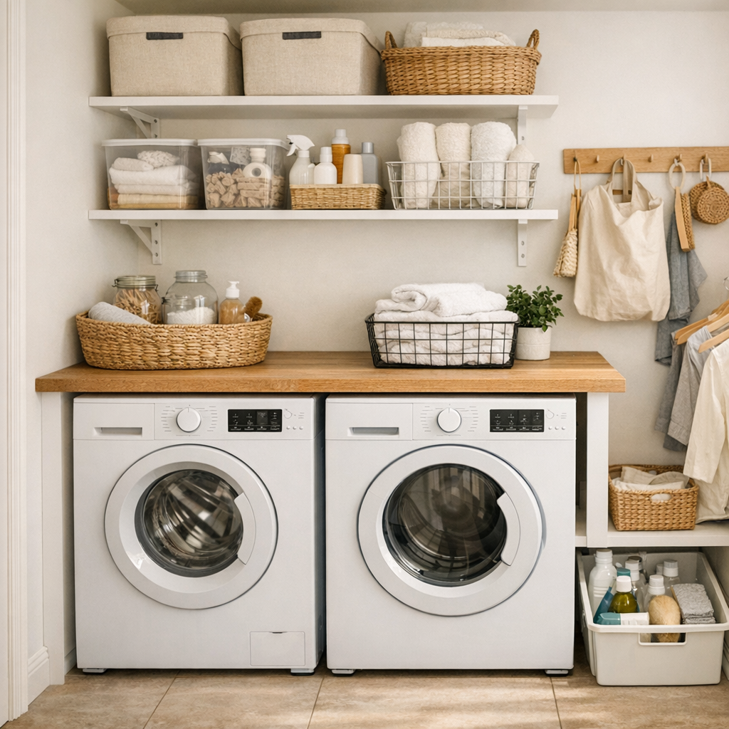 Le trio qui change tout dans une mini-buanderie : base stable, rangements à partir de 5 €, et règle d’or anti-bazar