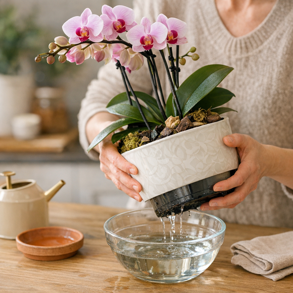 Comment arroser une orchidée offerte dans une composition ou un cache-pot sans laisser d’eau stagner au fond ?