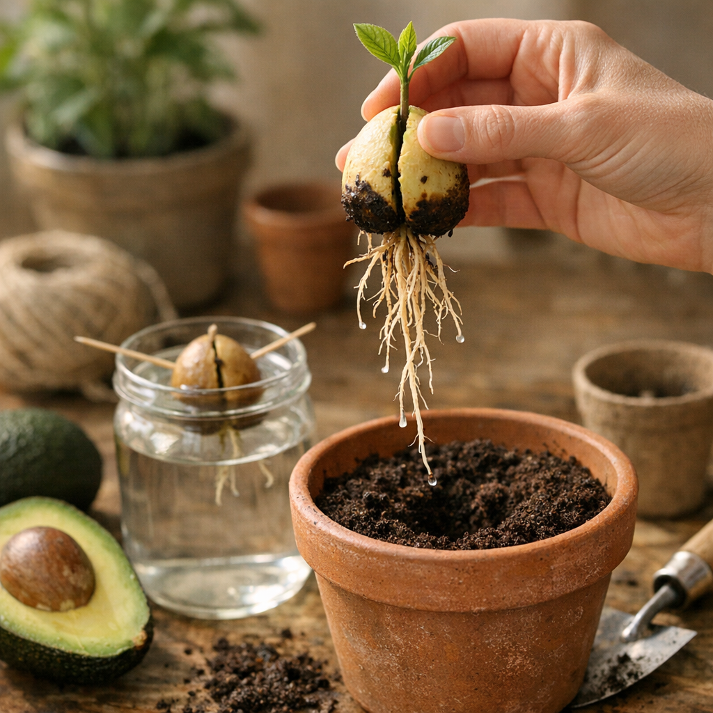 À quel stade précis quitter la germination dans l’eau pour planter le noyau en terre ?