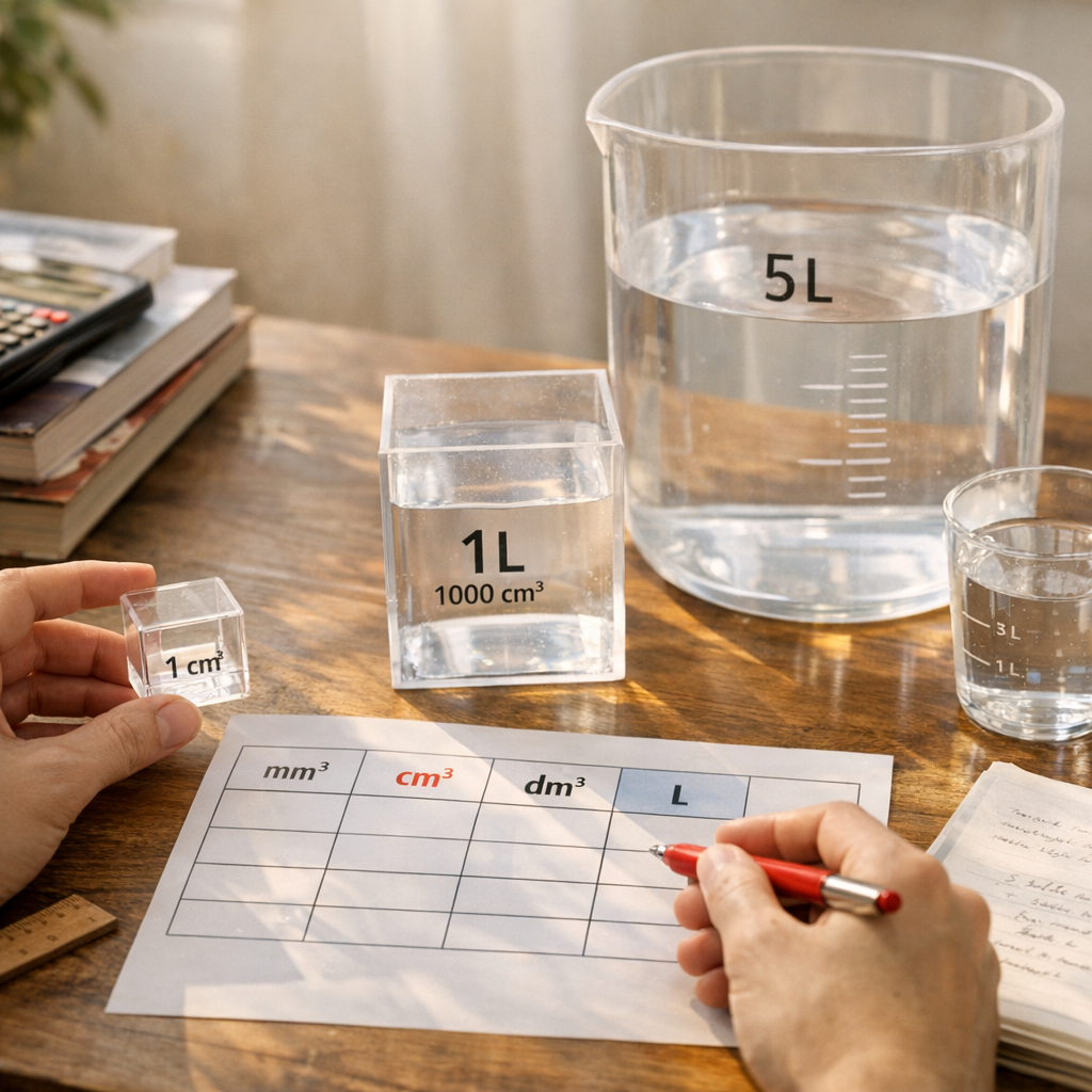 Comment passer d’un volume en cubes à des litres sans se tromper de colonne dans le tableau ?