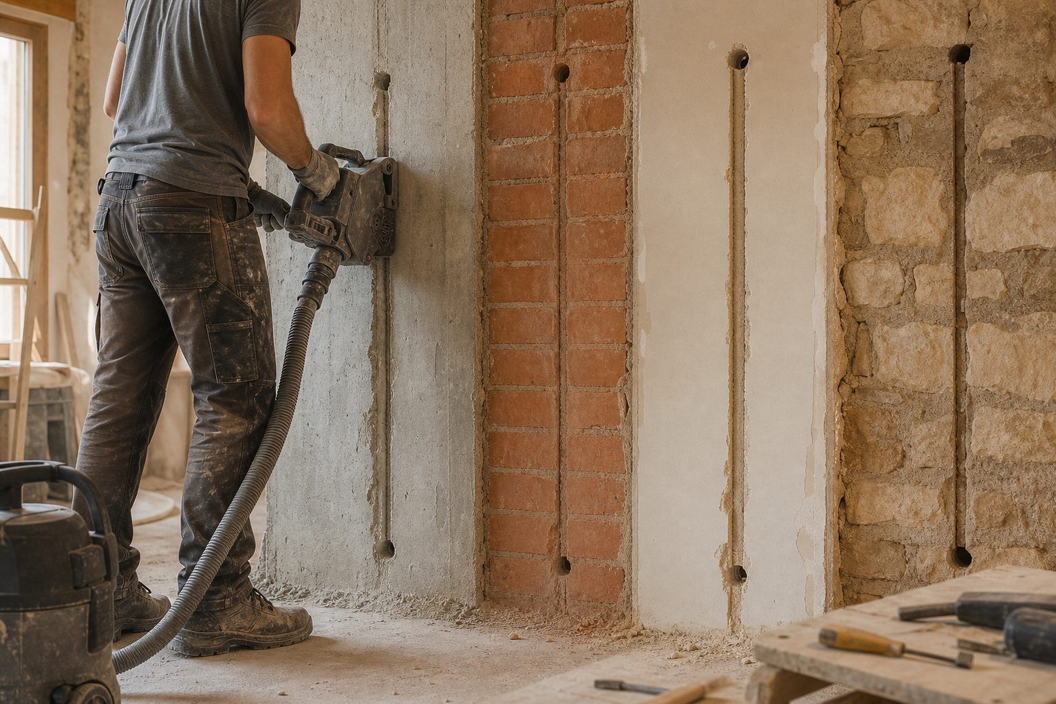 Percer une saignée selon le type de mur : béton, brique, plâtre ou pierre