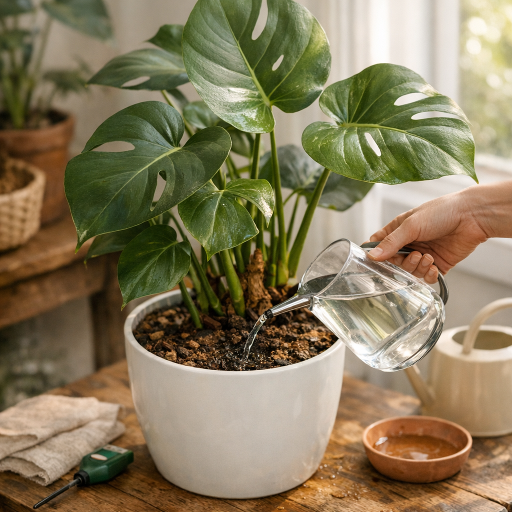 Arrosage du Monstera : la vraie règle n’est pas “souvent”, mais “légèrement humide sans eau stagnante”