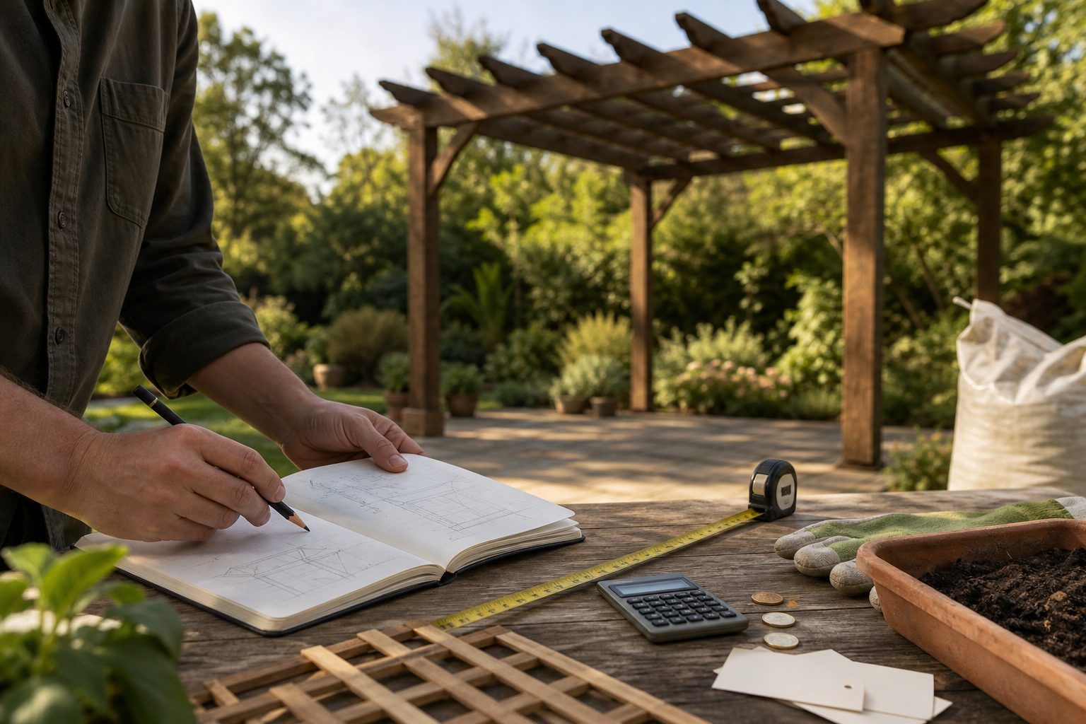 Le carnet terrain avant plantation : budget, distance, bac et charge sur la pergola