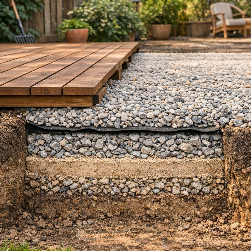 Quelle hauteur et quelle composition de sous-couche prévoir entre un lit de gravier et des lames de terrasse bois ?